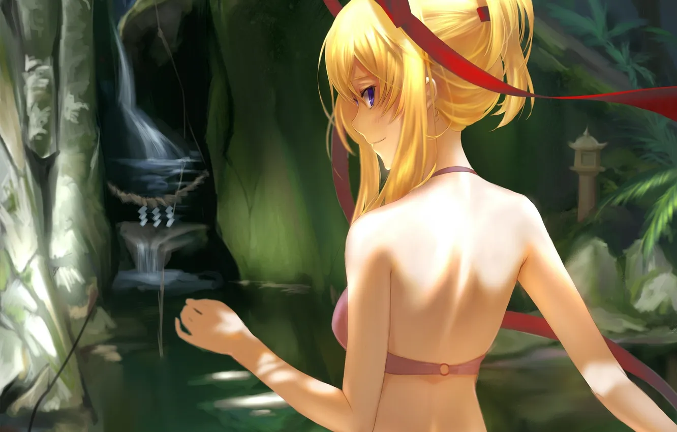 Фото обои взгляд, вода, девушка, природа, улыбка, touhou, art, yakumo yukari