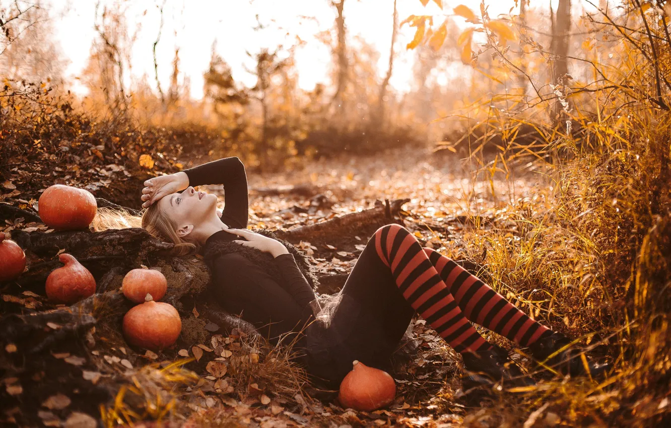 Фото обои осень, взгляд, поза, волосы, Девушка, фигура, лежит, тыква