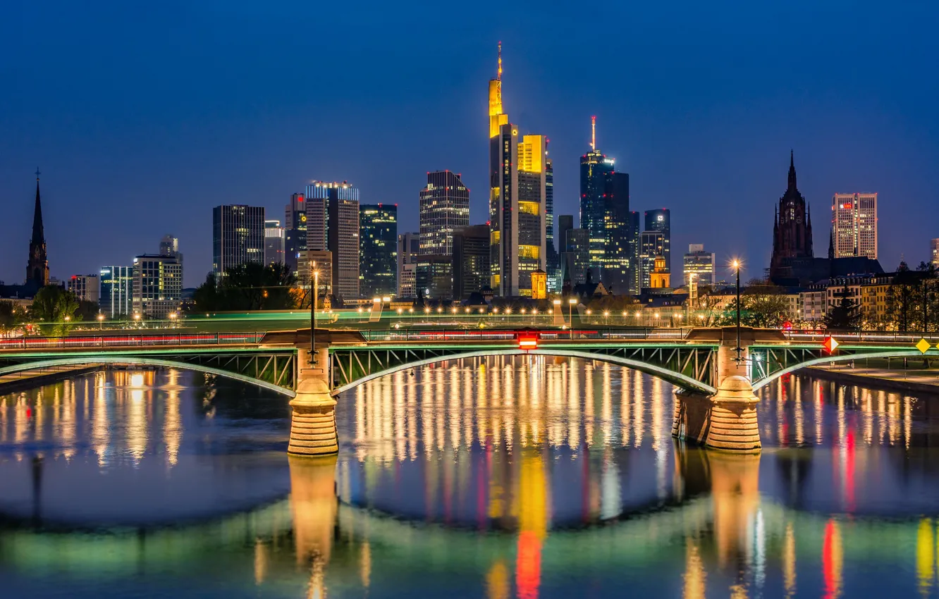 Фото обои мост, река, здания, дома, Германия, ночной город, небоскрёбы, Germany