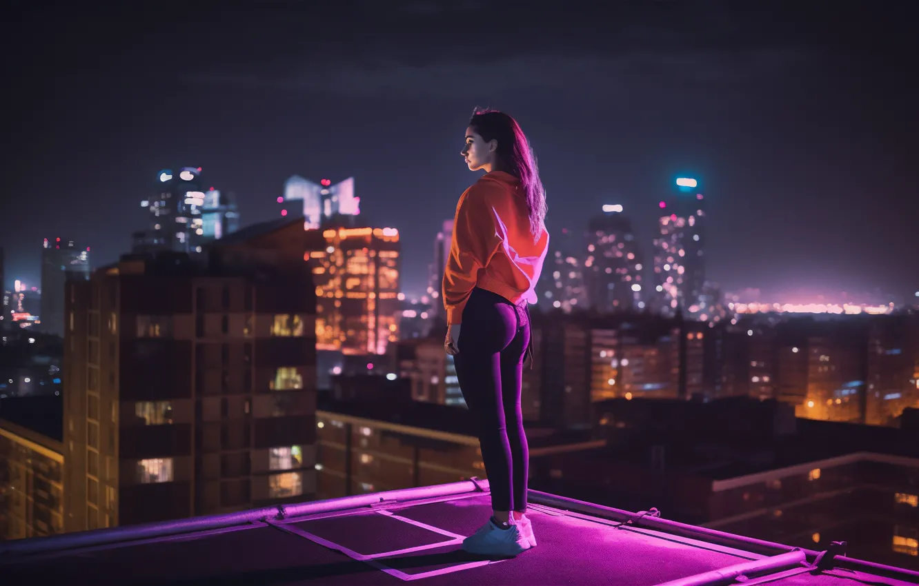 Фото обои city, girl, night, roof
