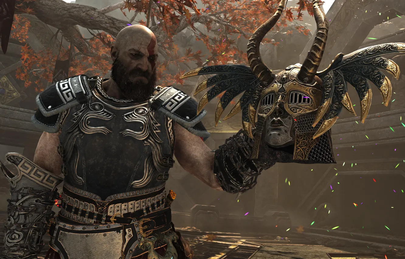 Фото обои God of War, Кратос, Шлем валькирии Гюннр, Призрак Спарты, Броня Зевса