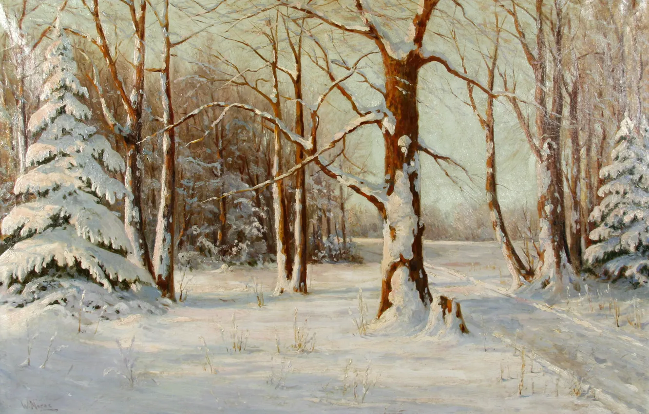 Фото обои зима, лес, снег, деревья, пейзаж, елки, картина, Walter Moras