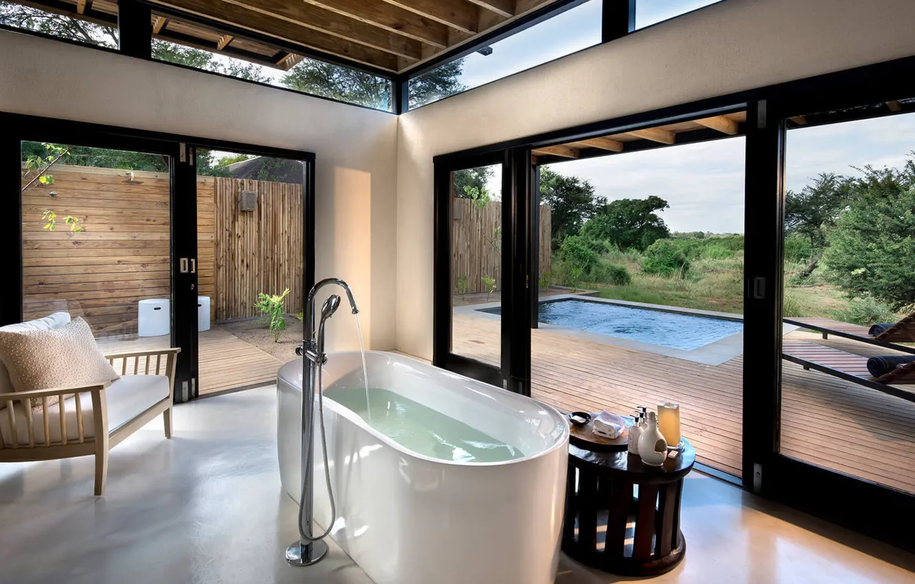 Фото обои интерьер, бассейн, терраса, ванная комната, Люкс, Suite, En-Suite, Lion Sands River Lodge
