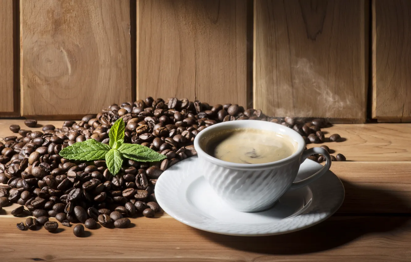 Фото обои кофе, чашка, напиток, мята, кофейные зерна, wood, cup, drink