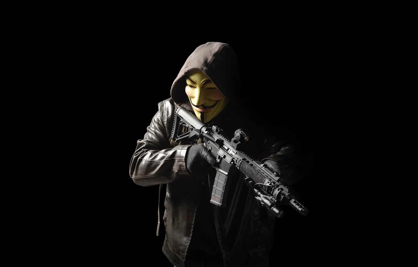 Фото обои оружие, маска, куртка, капюшон, мужчина, штурмовая винтовка