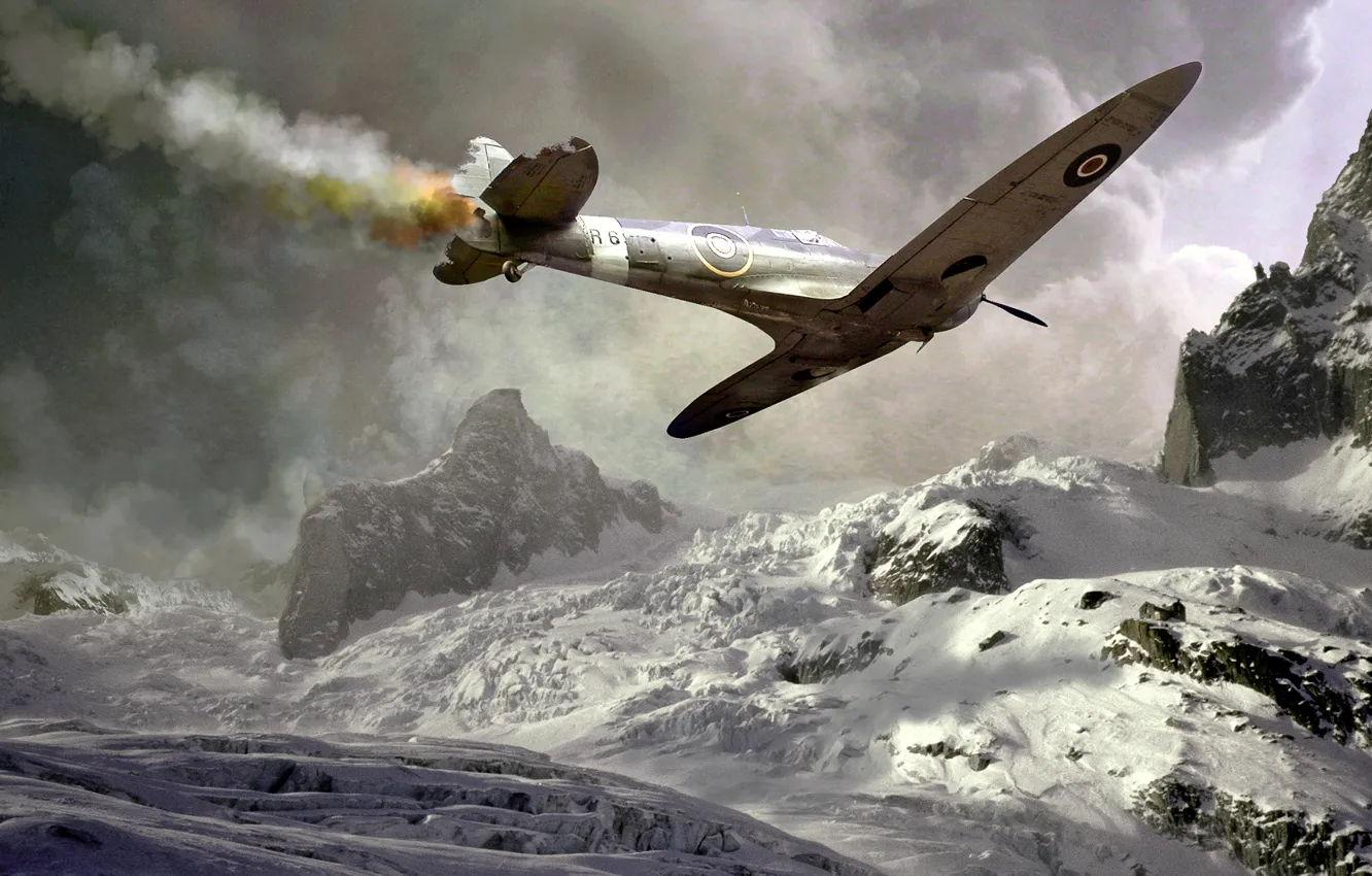 Фото обои зима, авария, снег, горы, самолет, война, дым, падение