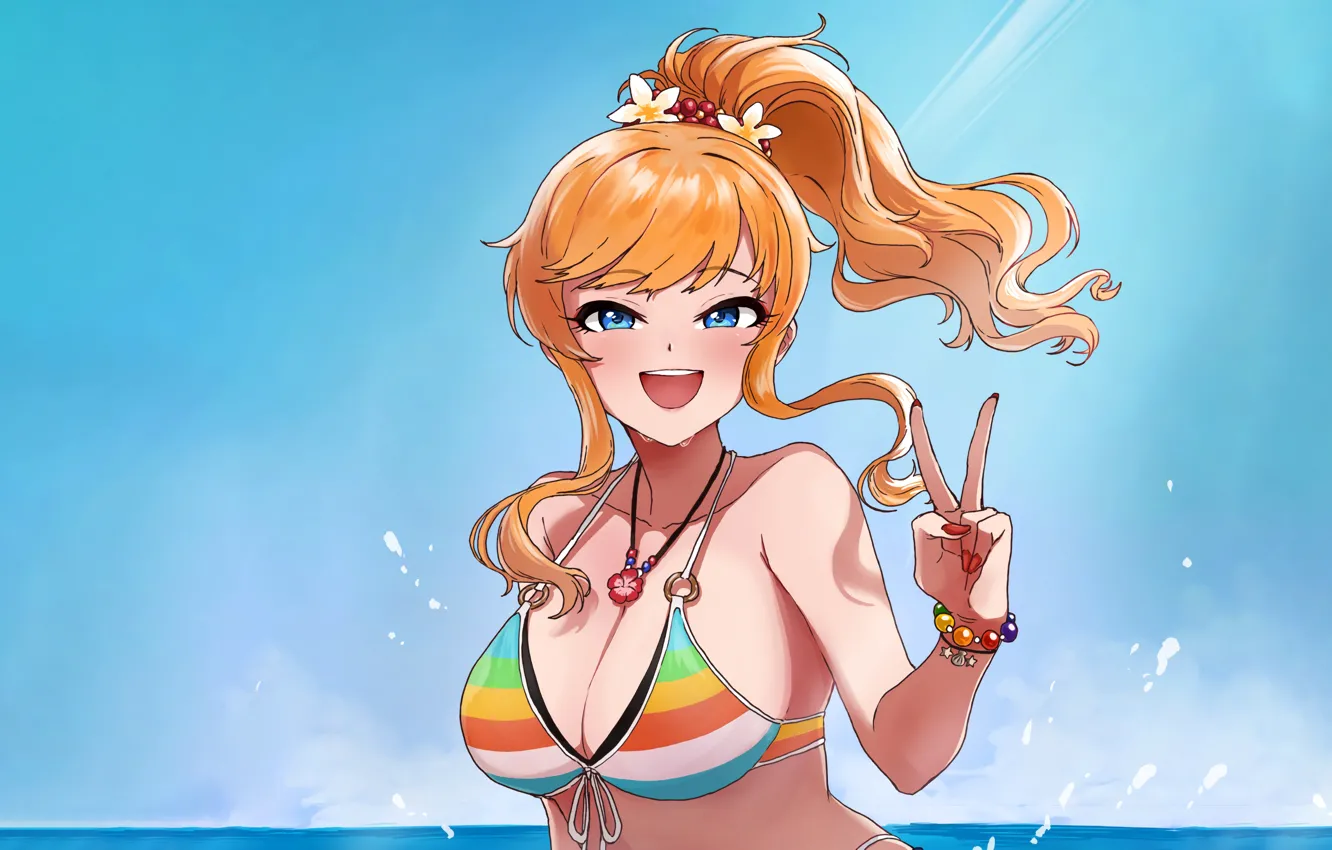 Фото обои girl, sexy, cleavage, sky, long hair, sea, boobs, anime