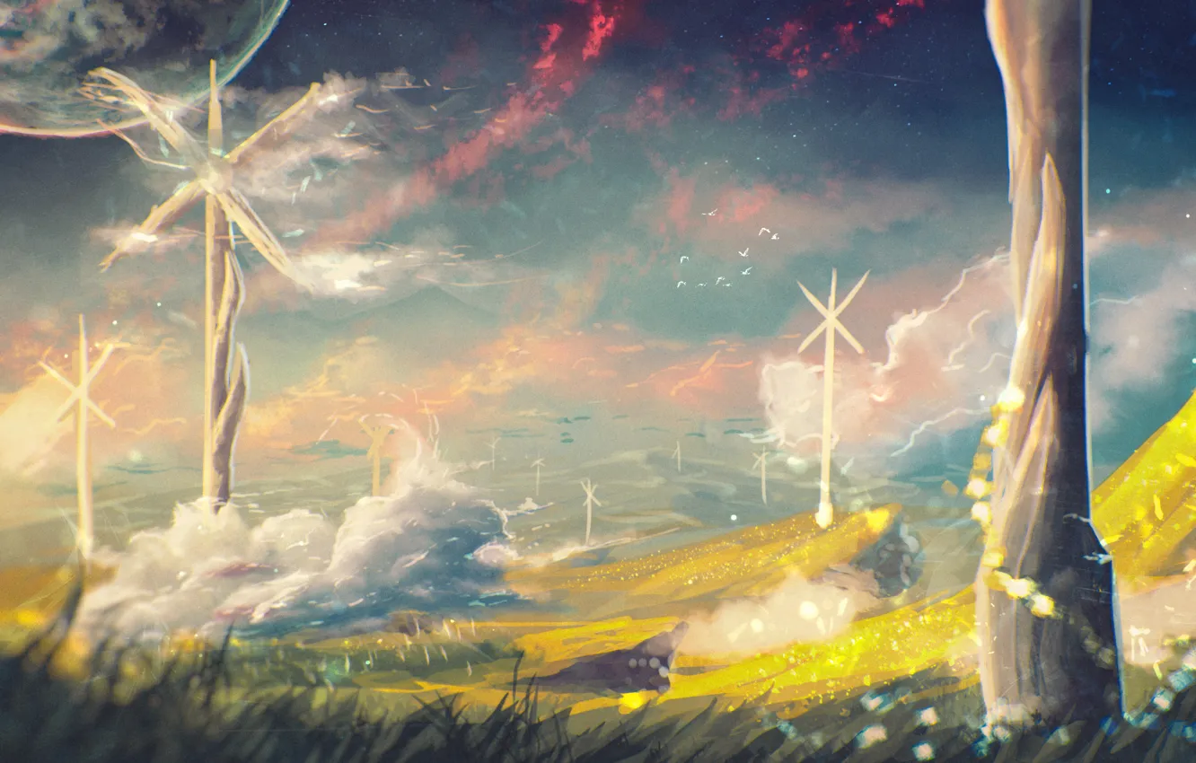 Фото обои поле, небо, трава, ветер, планета