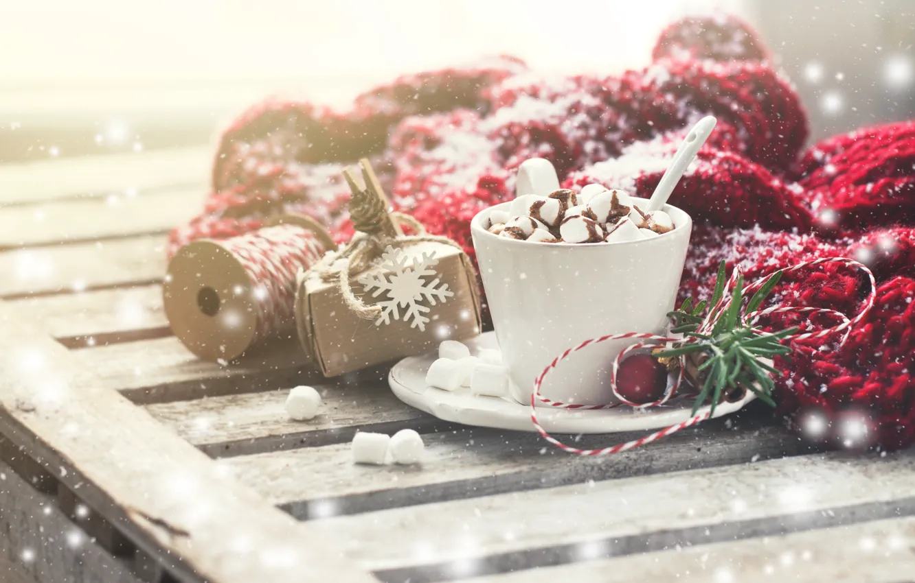 Фото обои зима, снег, чашка, cup, Chocolate, горячий шоколад, marshmallows
