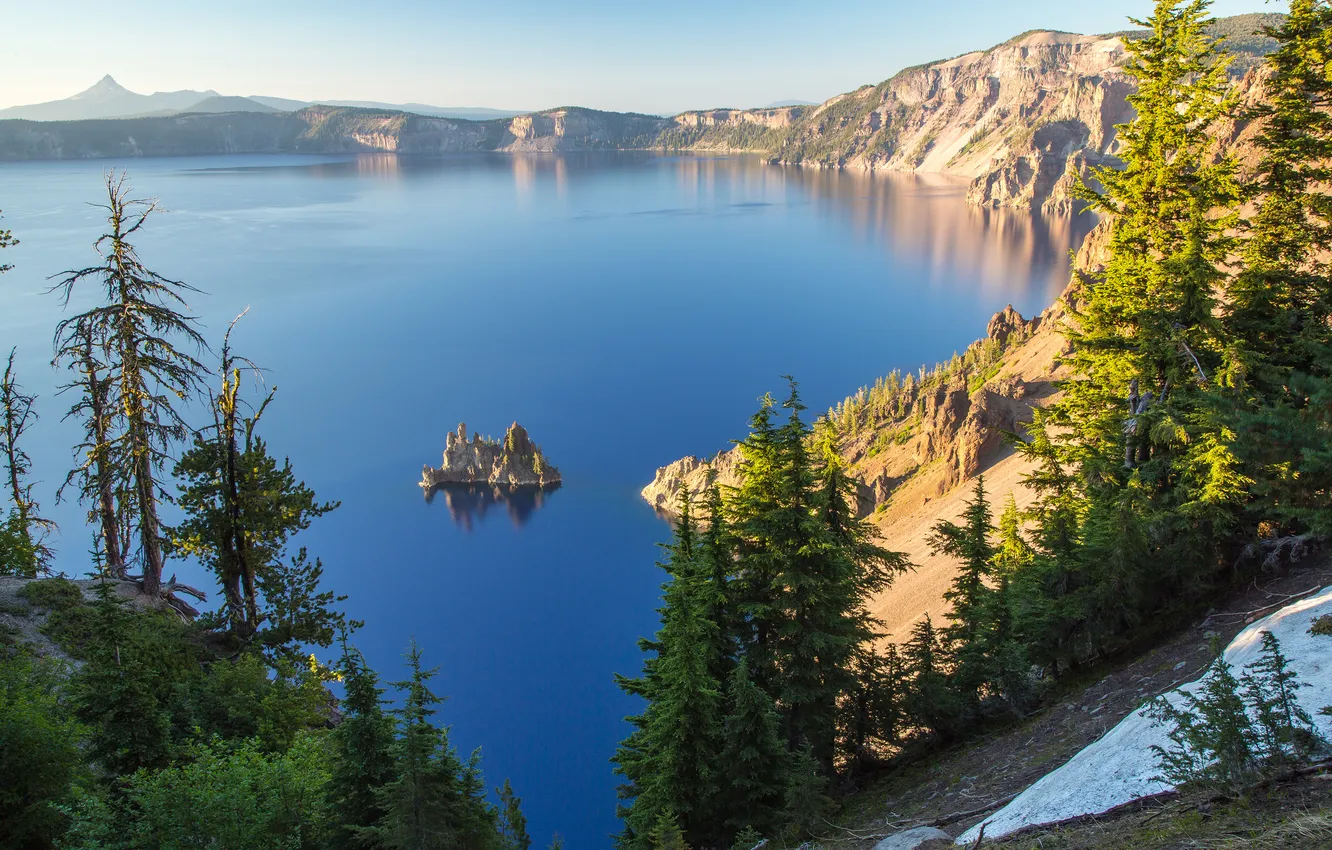 Фото обои деревья, остров, Орегон, Oregon, Crater Lake, Crater Lake National Park, Озеро Крейтер