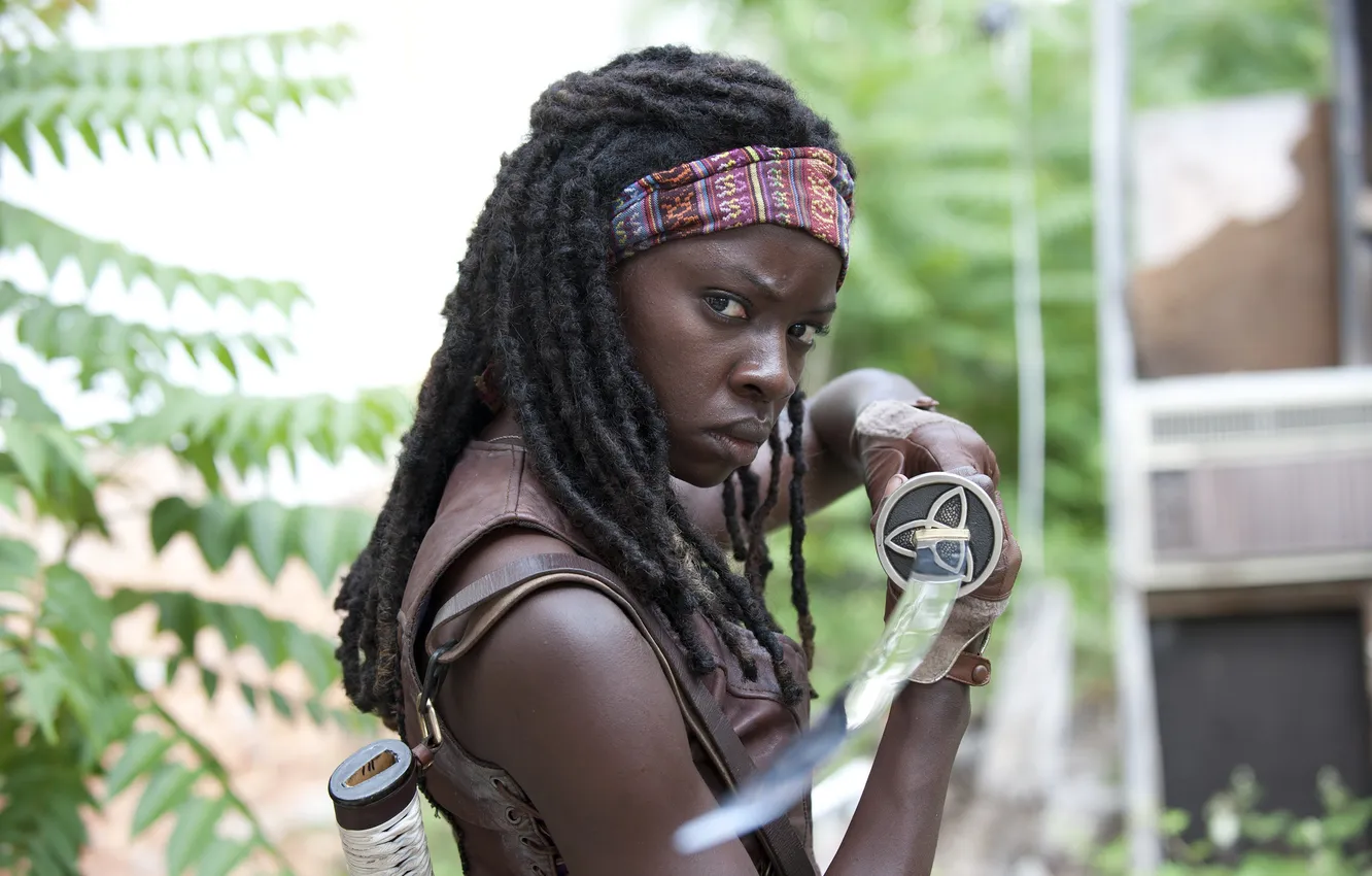 Фото обои взгляд, сериал, The Walking Dead, Ходячие мертвецы, Michonne, Danai Gurira, Мишонн, Данай Гурира