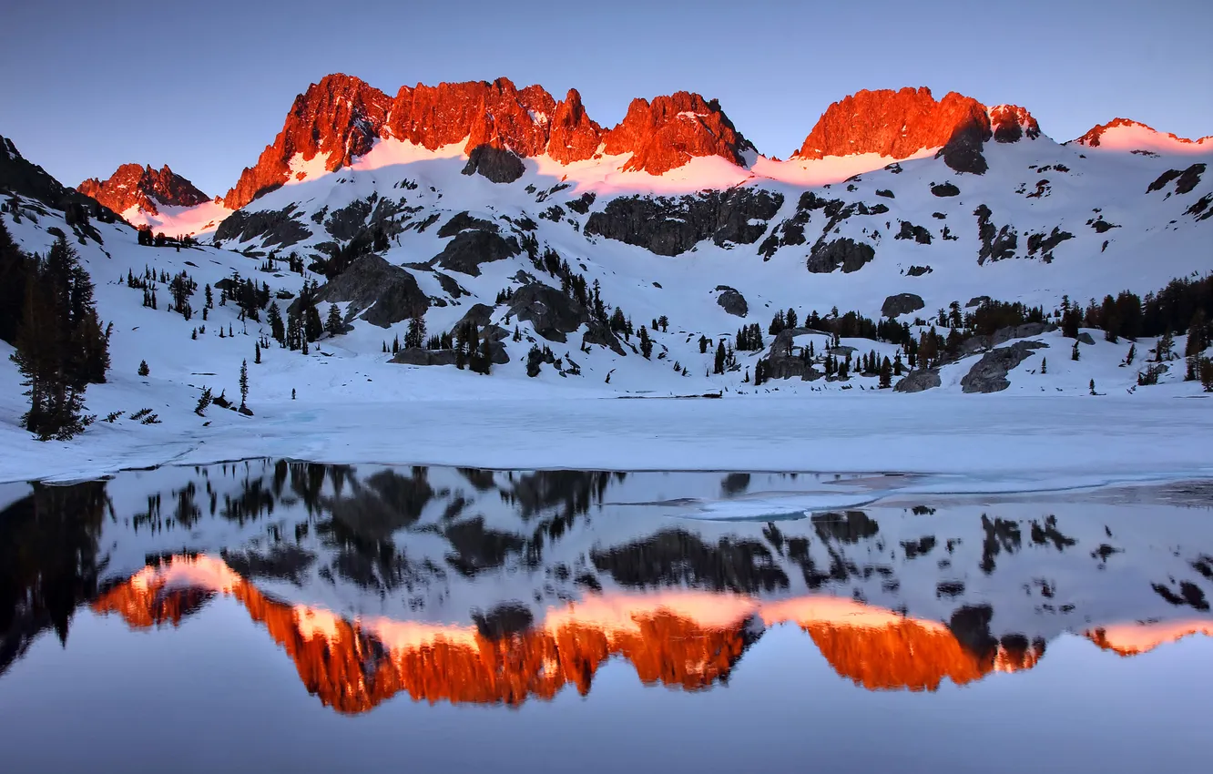 Фото обои небо, снег, закат, горы, озеро