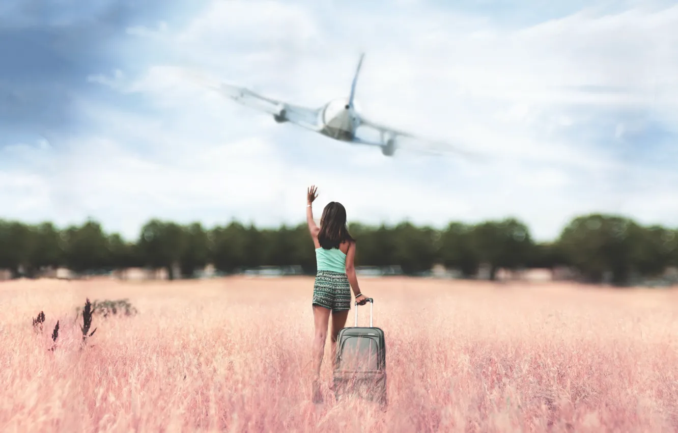 Фото обои поле, девушка, самолёт
