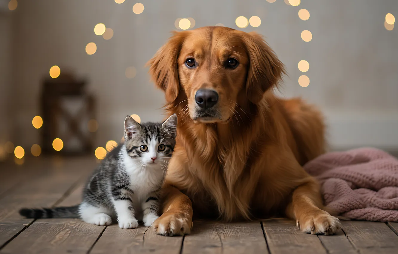 Фото обои кошка, взгляд, огни, поза, друг, доски, собака, пол