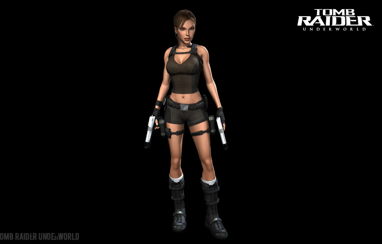 Фото обои девушка, пистолет, Tomb Raider, Лара Крофт, чёрный фон, Lara Croft, Tomb Raider: Underworld