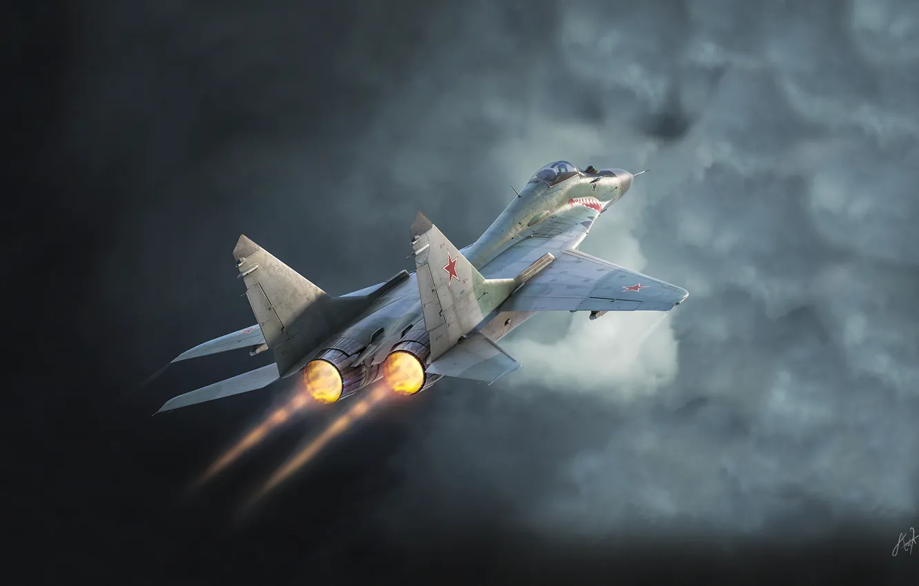 Фото обои Небо, Самолет, Истребитель, Тучи, Россия, МиГ, МиГ-29, МиГ 29