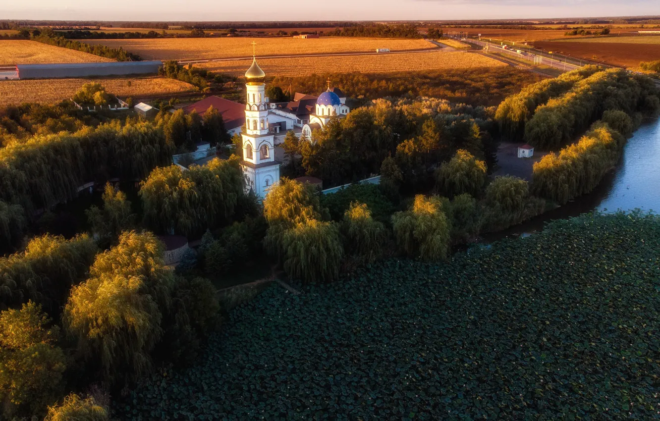 Фото обои пейзаж, закат, природа, река, монастырь, Краснодарский край, Павел Сагайдак