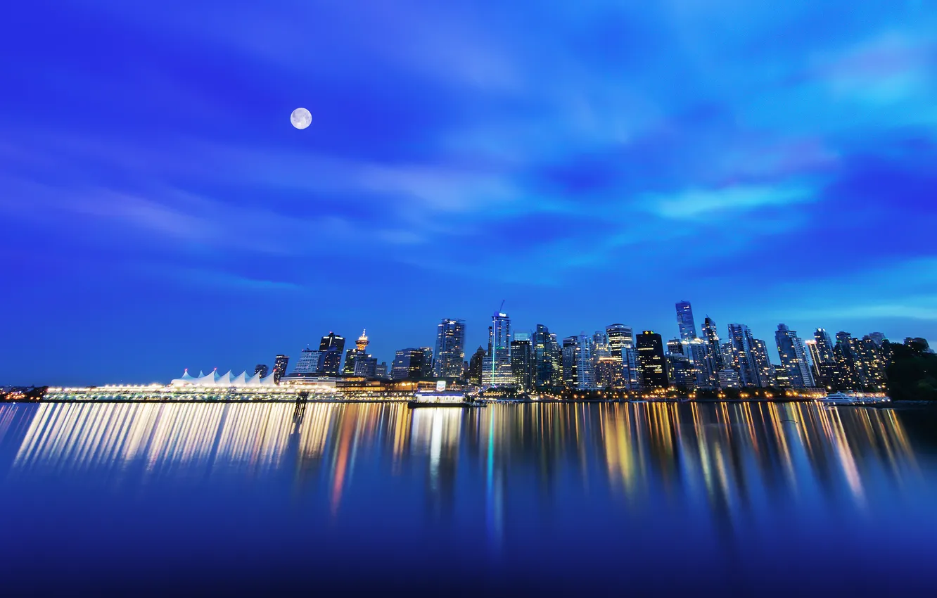 Фото обои ночь, город, небоскребы, Stanley Park, Downtown Vancouver