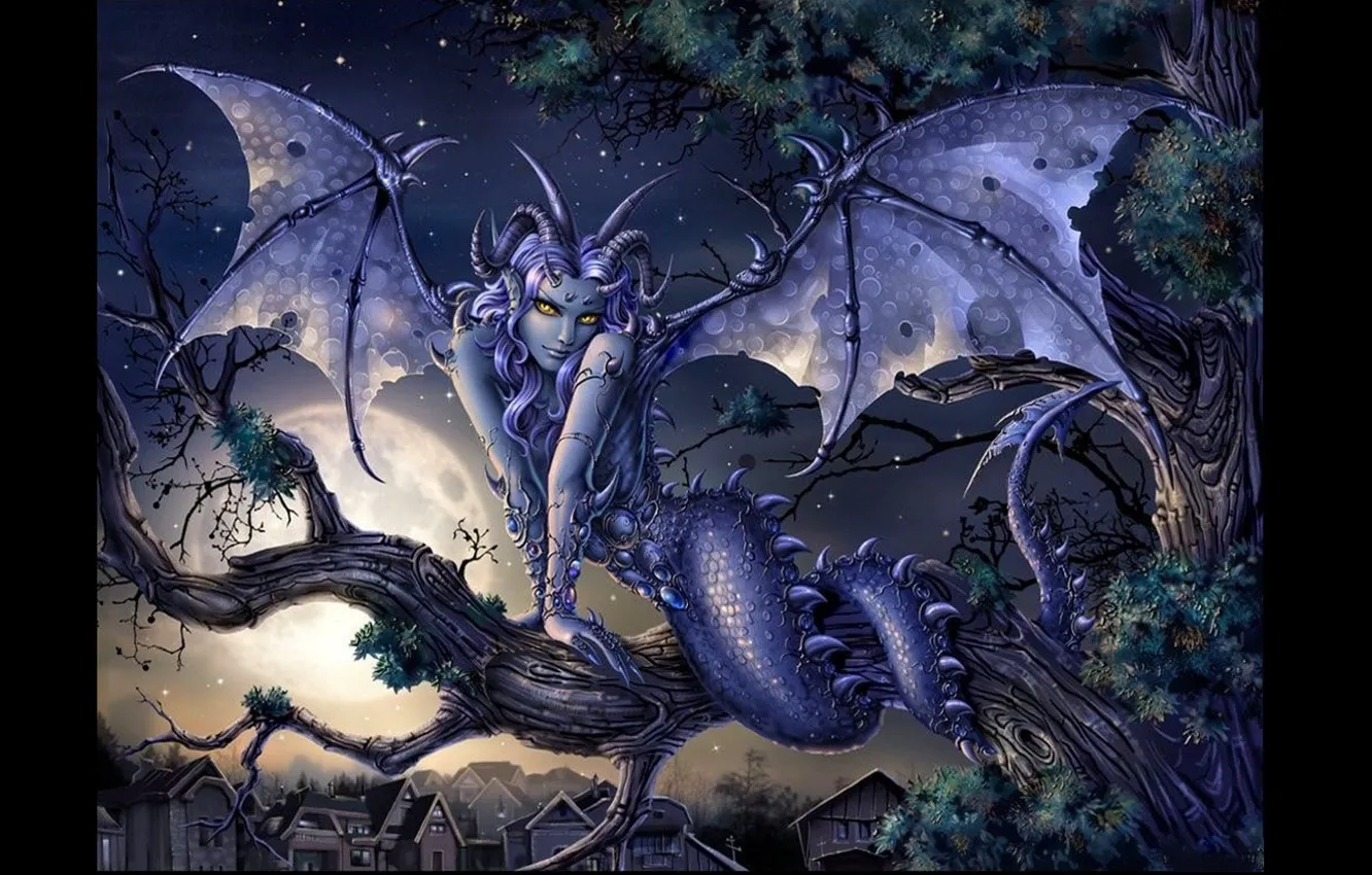 Фото обои ночь, крылья, существо, чешуя, хвост, рога, Демон, полнолуние