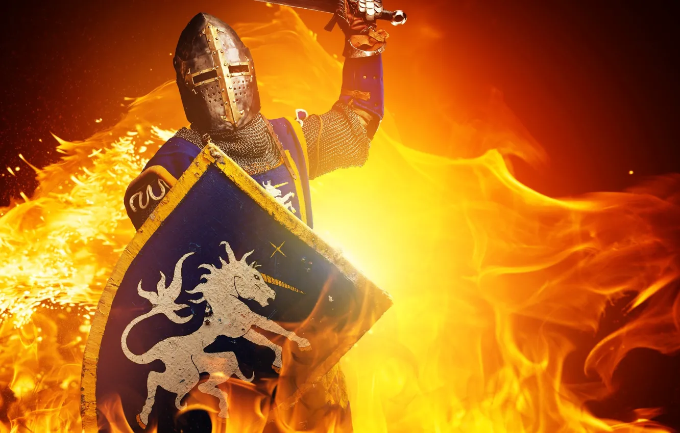 Фото обои огонь, fire, щит, рыцарь, shield, knight