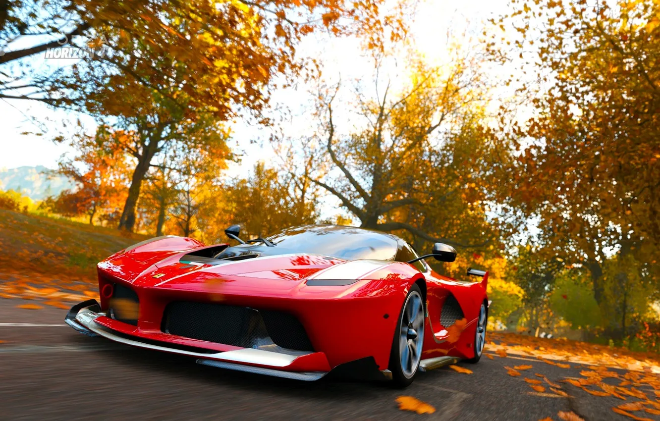 Фото обои дорога, машина, осень, листья, деревья, Феррари, листопад, Forza Horizon 4