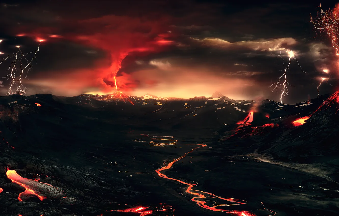 Фото обои гроза, горы, ночь, огни, молния, вулкан, лава