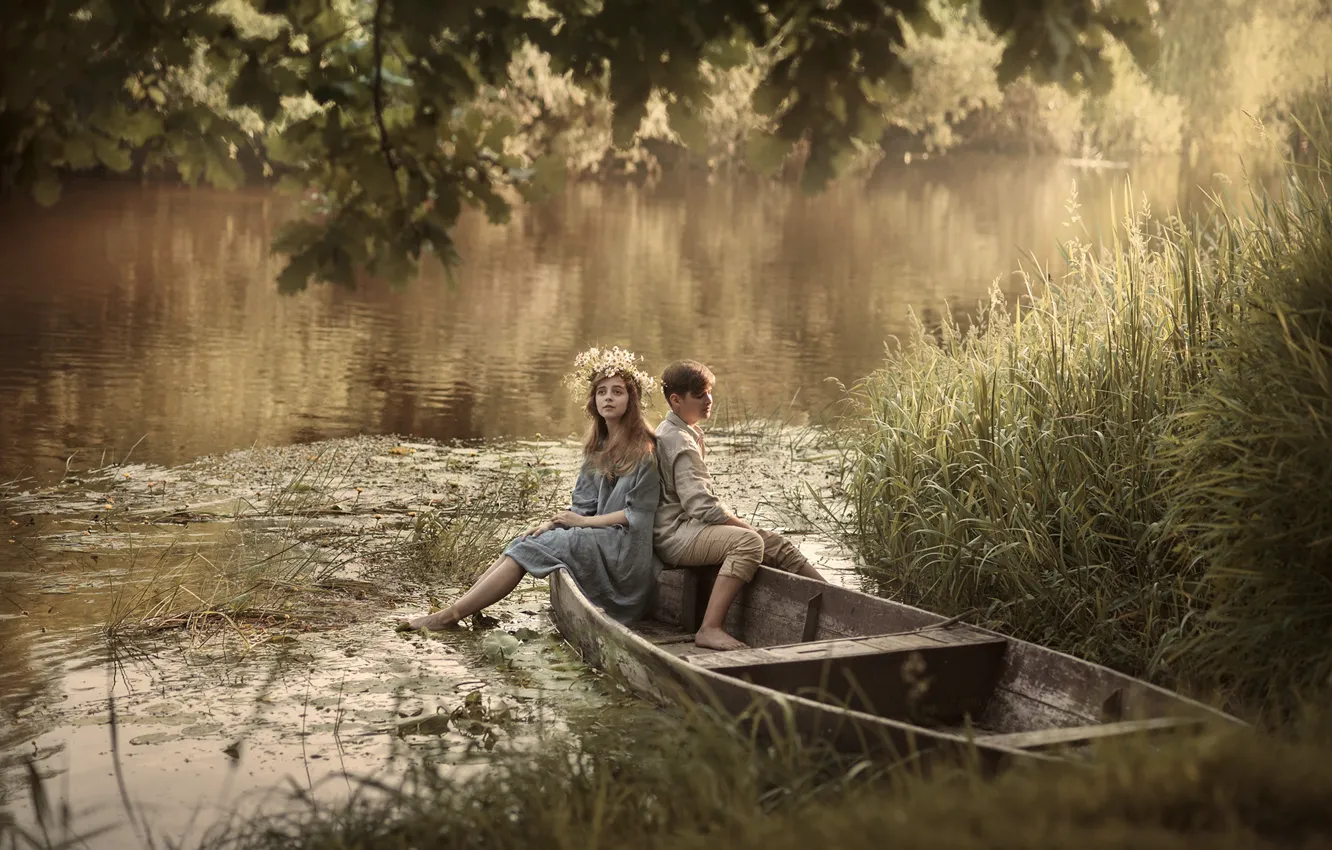Фото обои лето, девушка, деревья, природа, река, лодка, пара, парень
