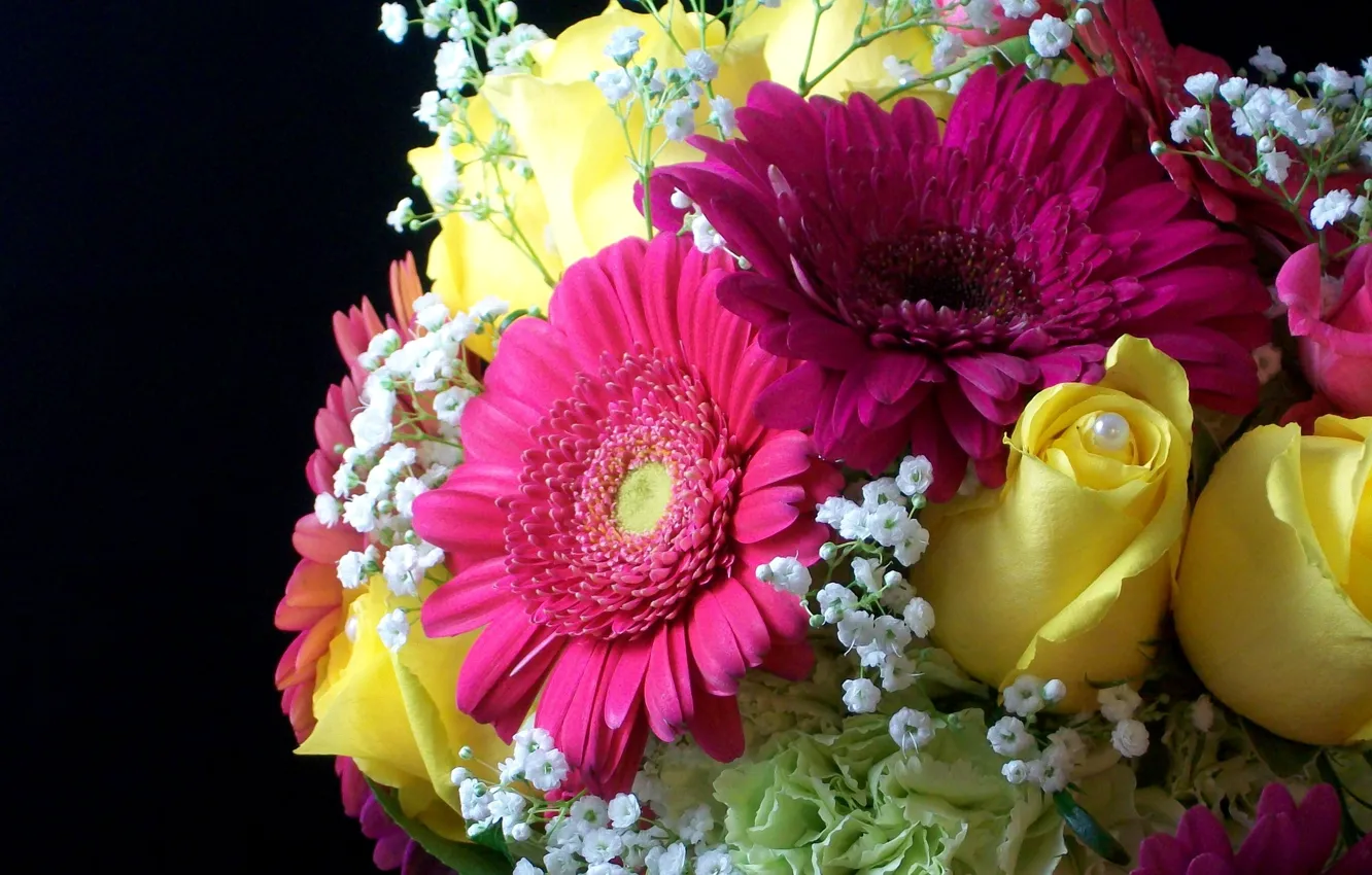 Фото обои цветок, цветы, розы, букет, желтые, жемчуг, герберы, красивые
