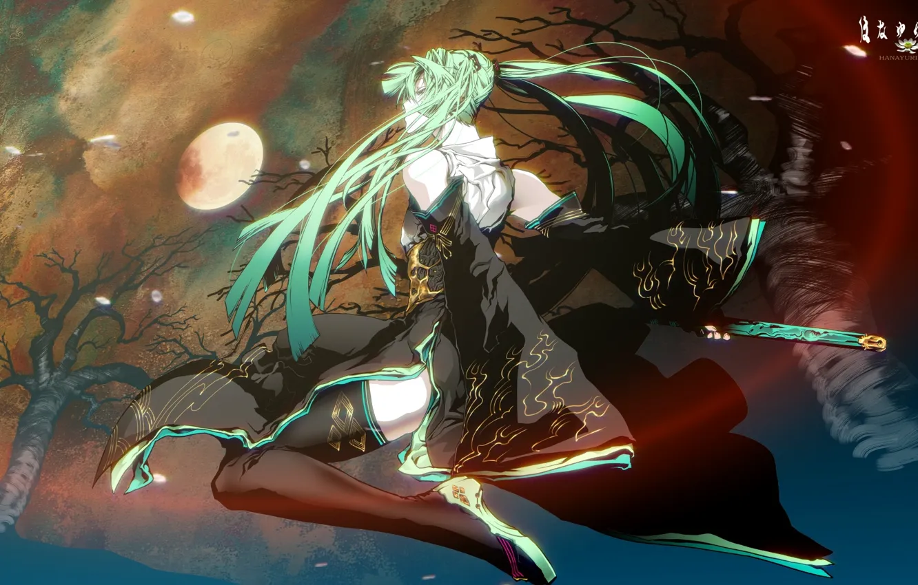 Фото обои деревья, кимоно, vocaloid, полнолуние, Hatsune Miku, черные чулки, со спины, пасмурная ночь
