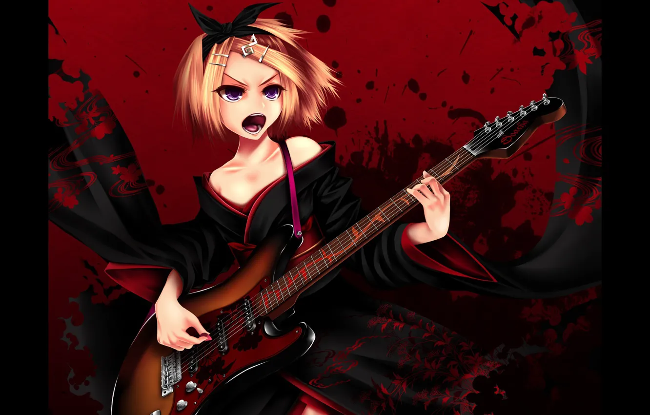 Фото обои брызги, кровь, гитара, черное, пятна, rock, кимоно, vocaloid