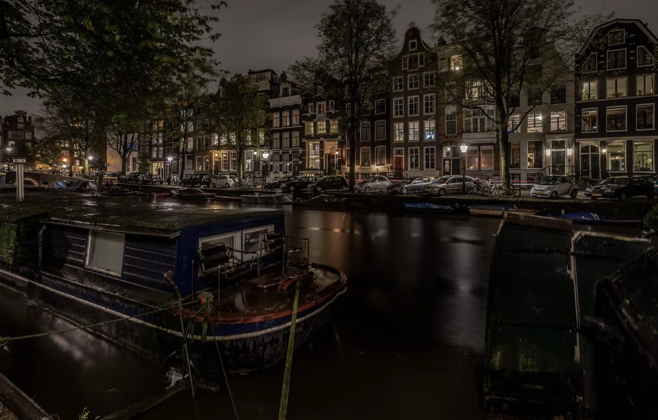 Фото обои ночь, дома, Амстердам, Нидерланды