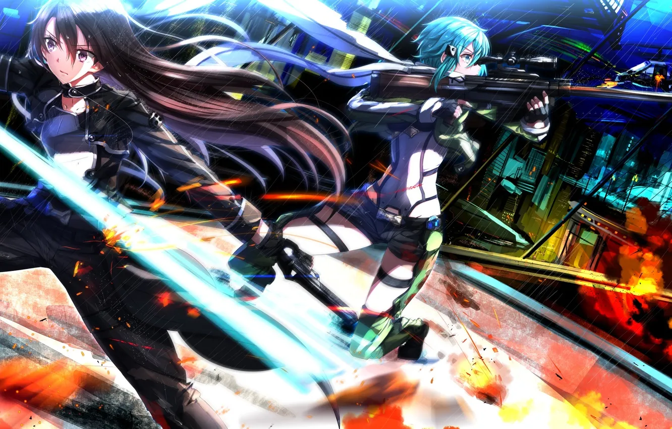 Фото обои оружие, девушки, аниме, арт, вертолет, сражение, sword art online, kirigaya kazuto