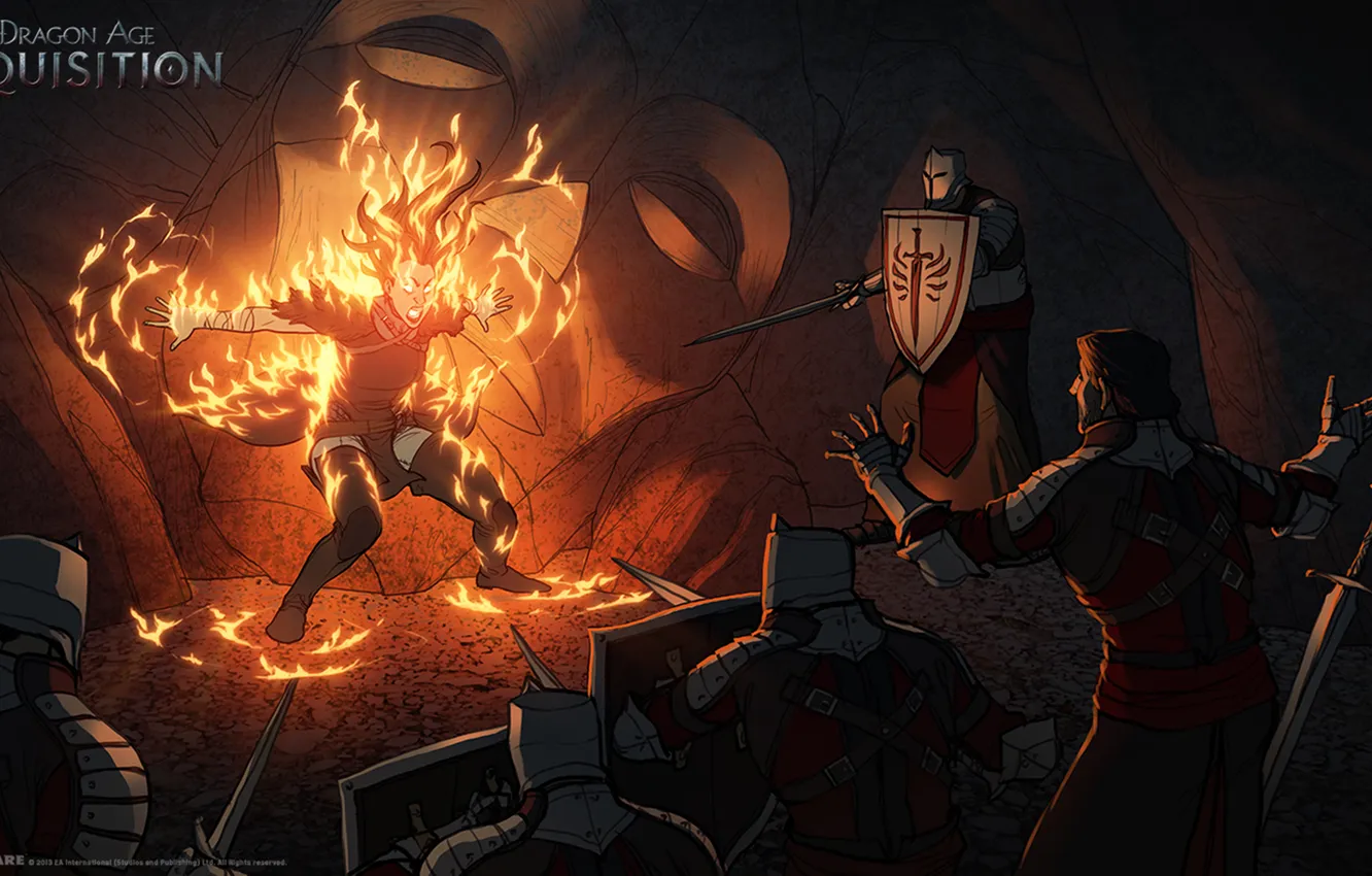 Фото обои огонь, маг, воины, confrontation, Dragon Age: Inquisition