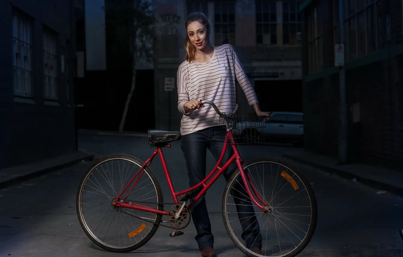 Фото обои девушка, велосипед, улица