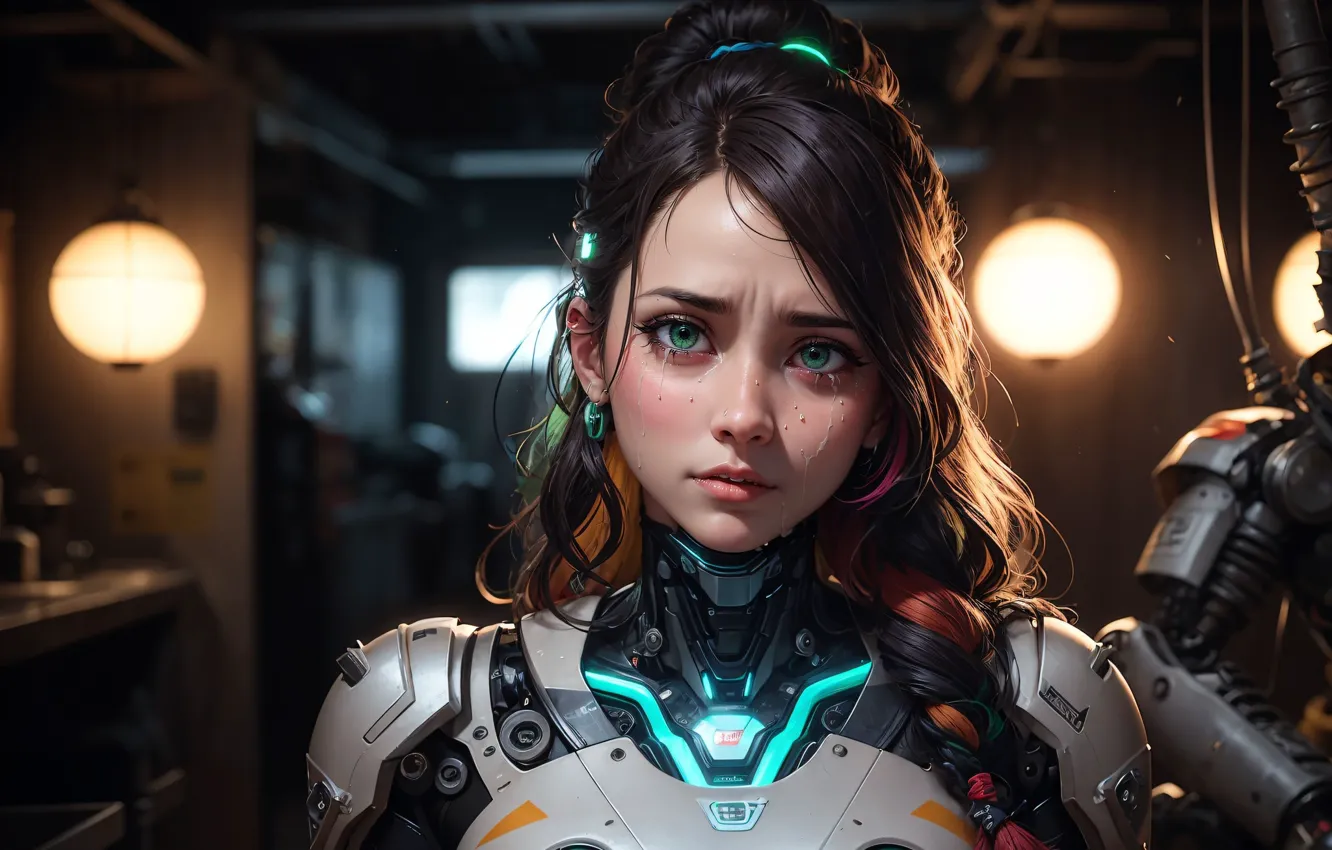 Фото обои девушка, сталь, робот, брюнетка, броня, киборг, слёзы, зелёные глаза