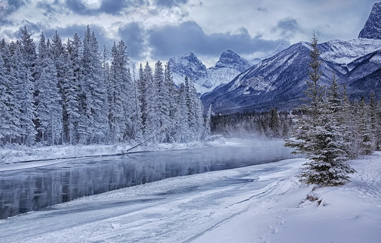 Фото обои лед, зима, лес, снег, горы, река