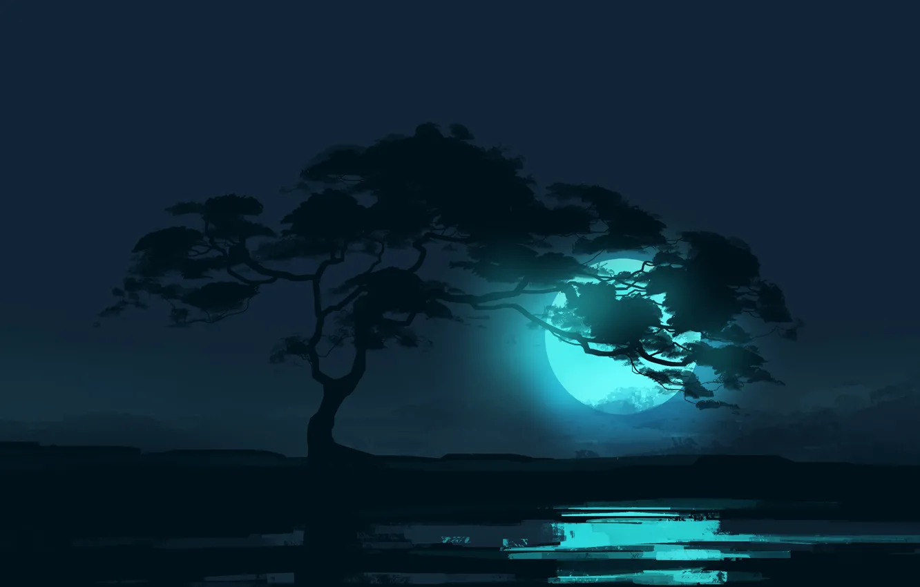 Фото обои Moon, trees, landscape, minimalism, night, moonlight, reflection, digital art