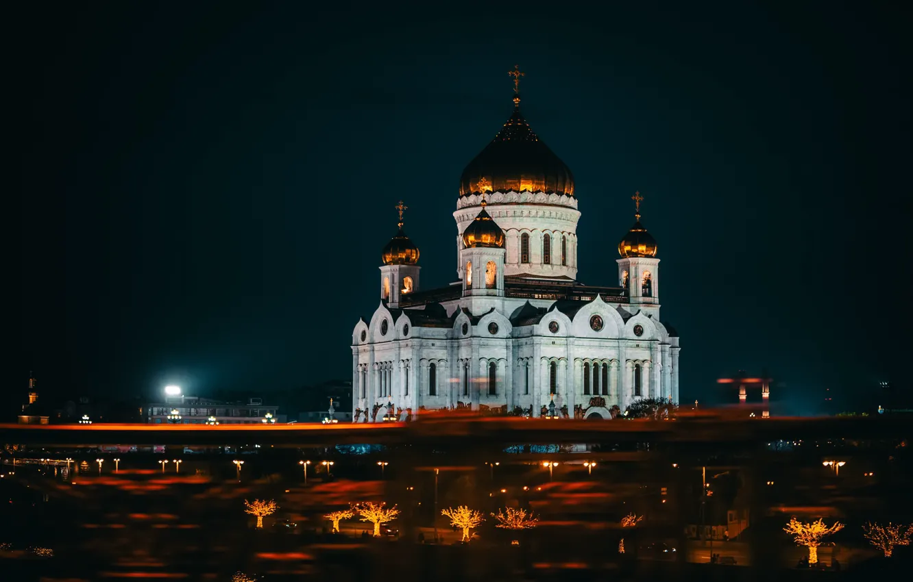 Фото обои ночь, мост, город, освещение, Москва, храм, Храм Христа Спасителя, ХХС