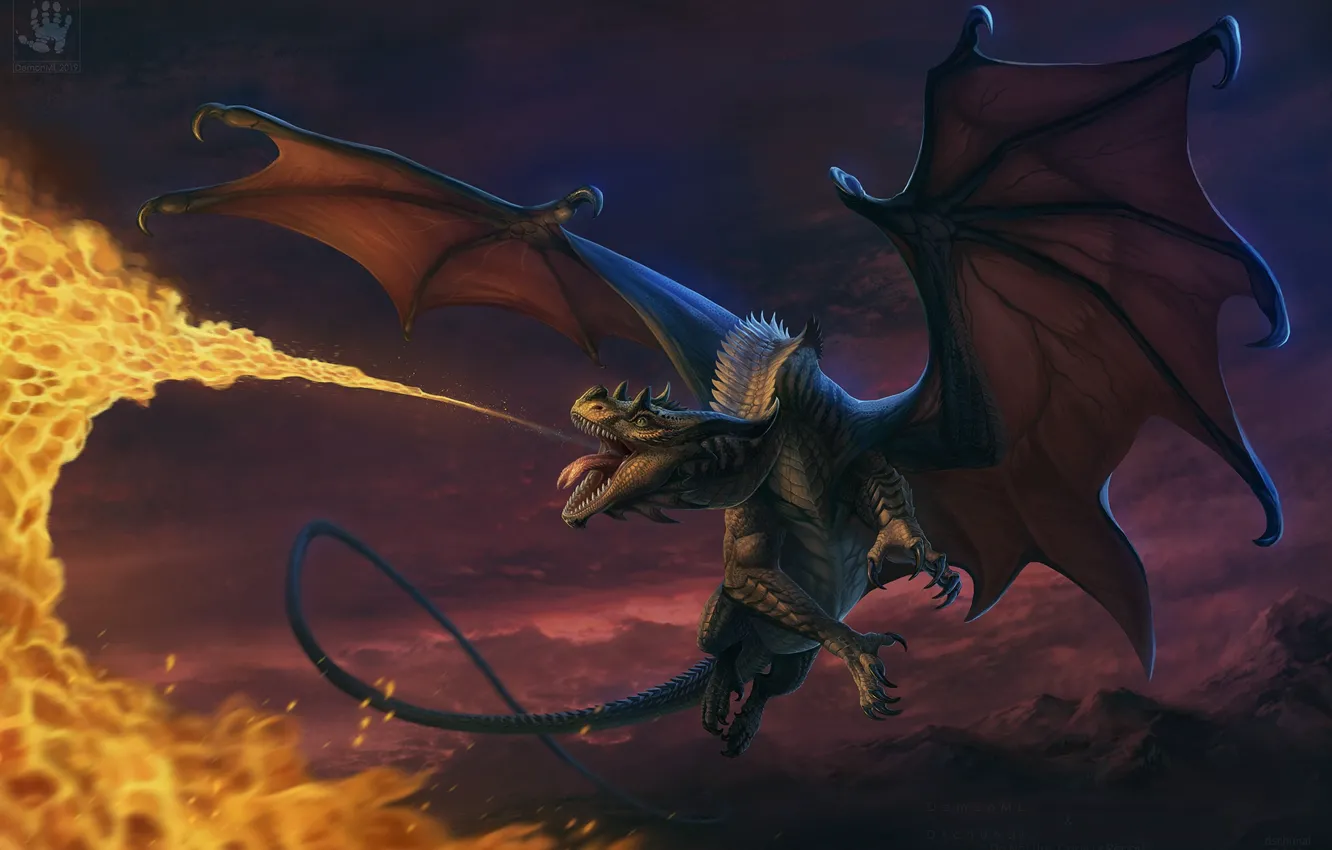Фото обои полет, пламя, дракон, огнедышащий дракон