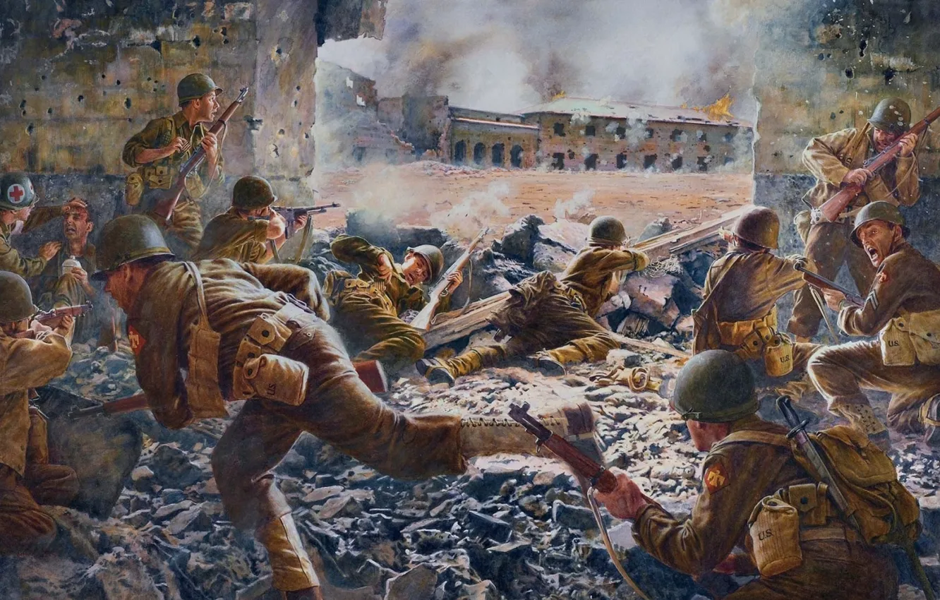 Фото обои Война, Солдаты, Арт, Перестрелка, WW2