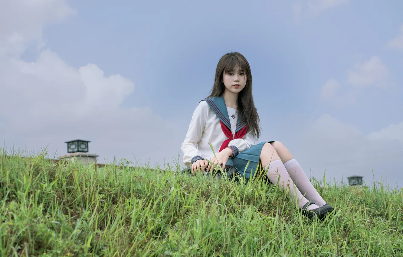 Фото обои Sky, Grass, Beautiful, Asian, Model, Woman, Cloud, Cute