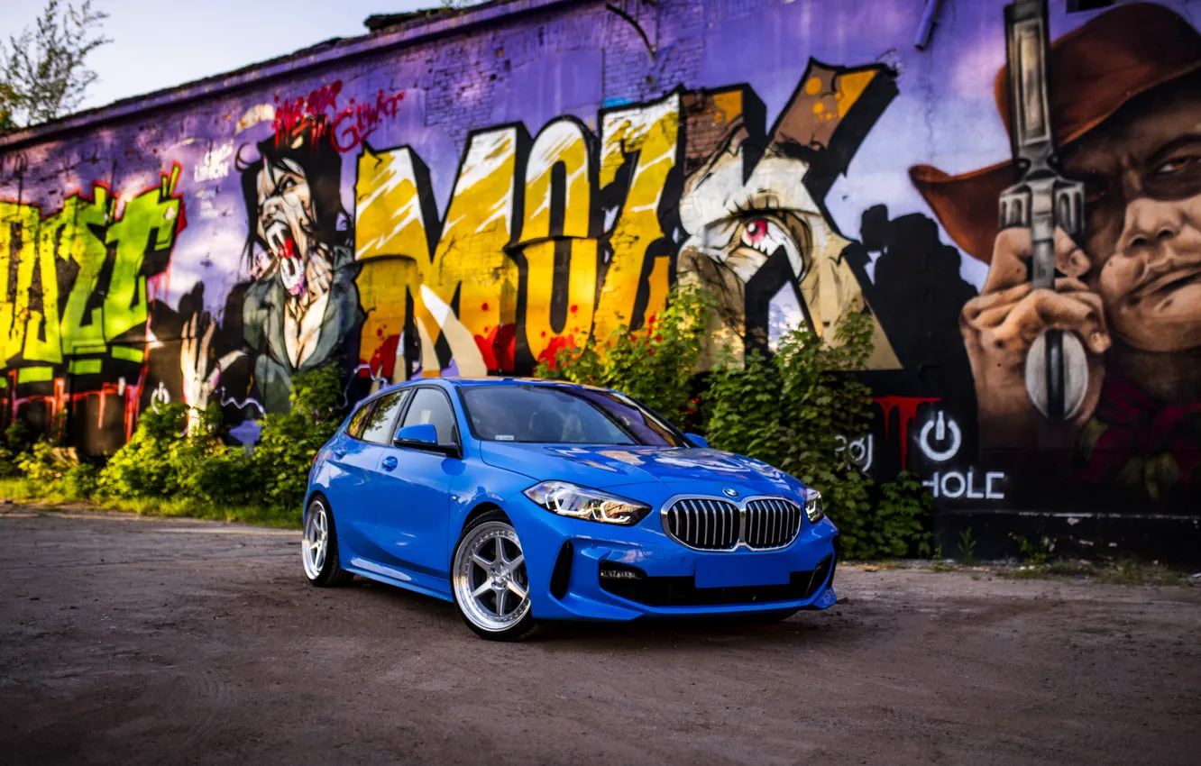 Фото обои BMW, Blue, Front, Graffiti, BMW 1 Series, JR Wheels