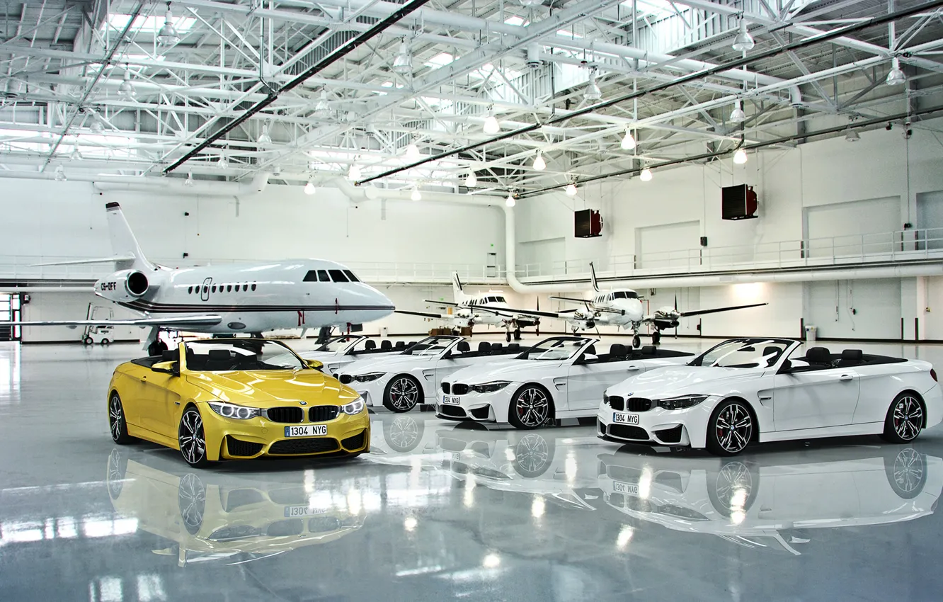 Фото обои BMW, Cars, White, Yellow, Cabrio, Hangar, Plane