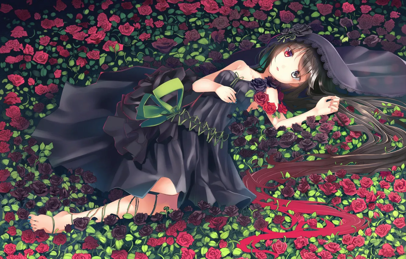Фото обои цветы, розы, Девушка, аниме, арт