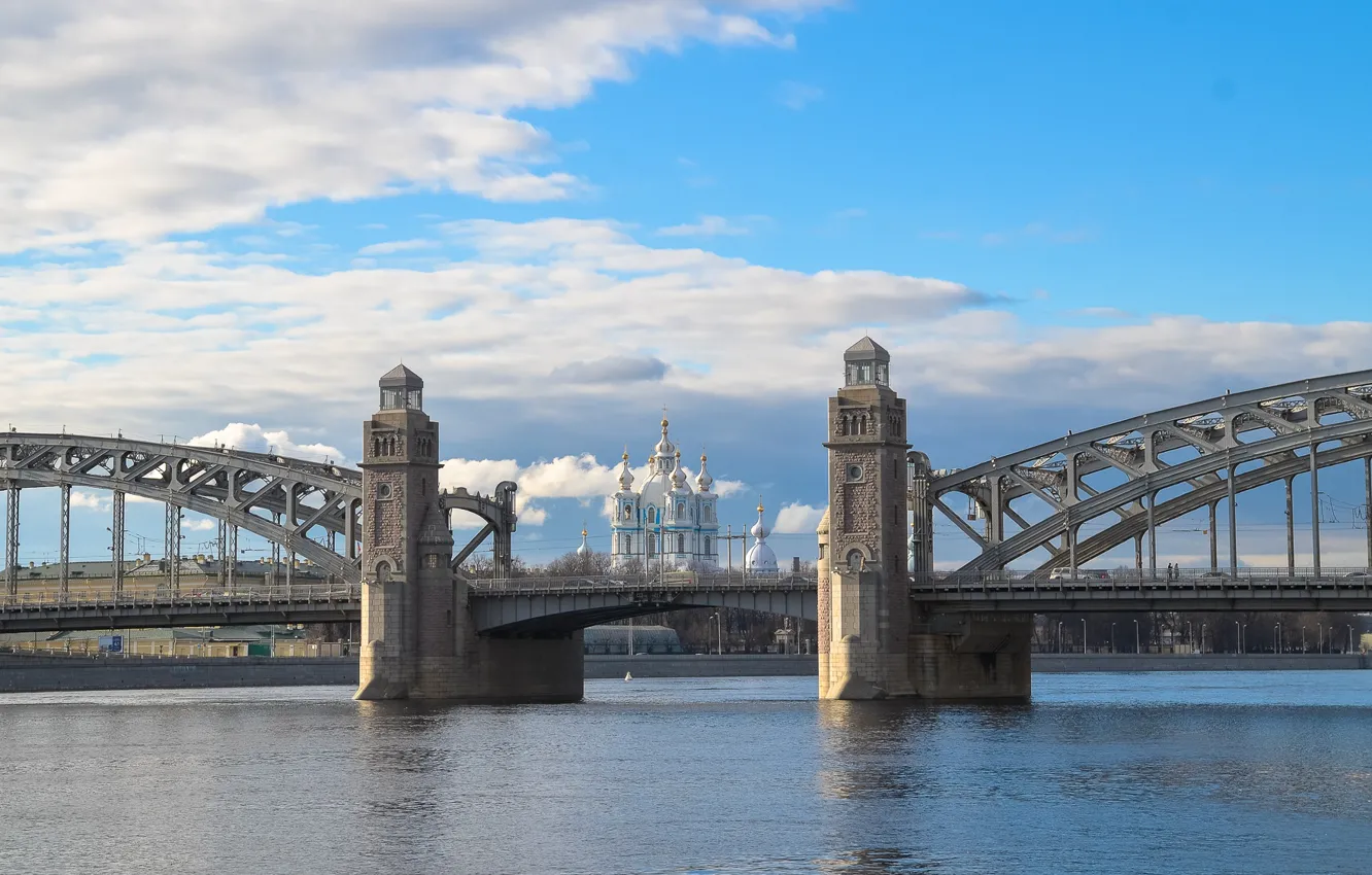 Фото обои мост, город, река, Питер, Санкт-Петербург, Смольный собор, Нева
