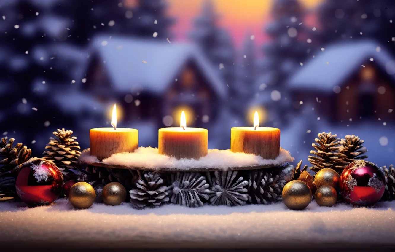 Фото обои зима, снег, украшения, ночь, шары, свечи, Новый Год, Рождество