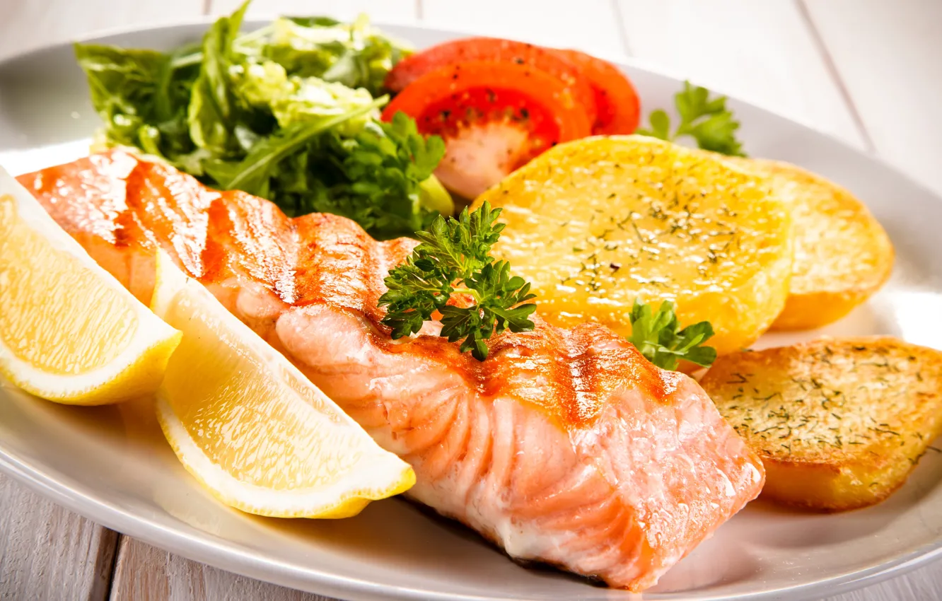 Фото обои Рыба, Овощи, Еда, Картофель, Лимоны, Вторые Блюда