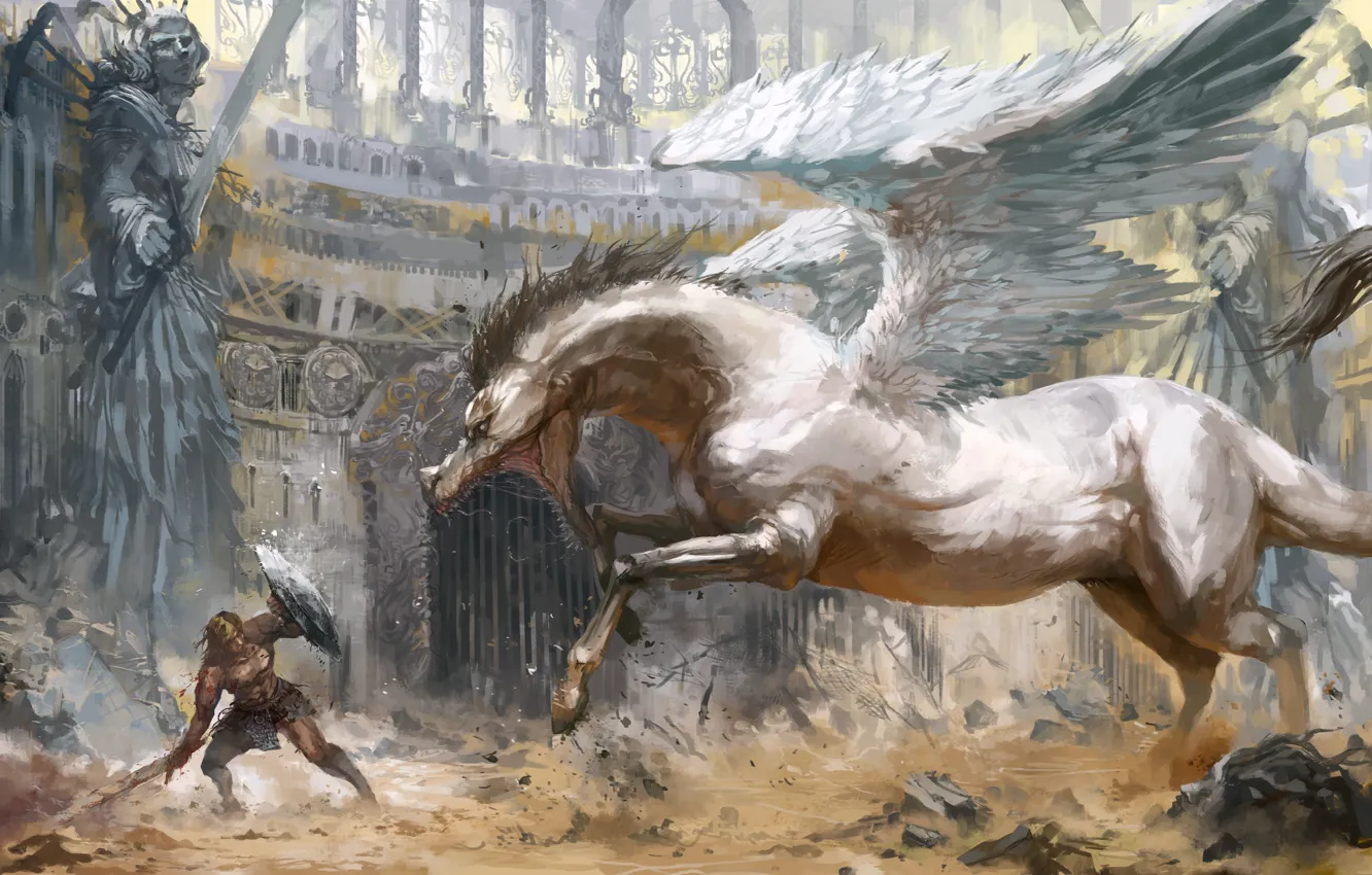 Фото обои конь, крылья, монстр, меч, бой, воин, щит, арена