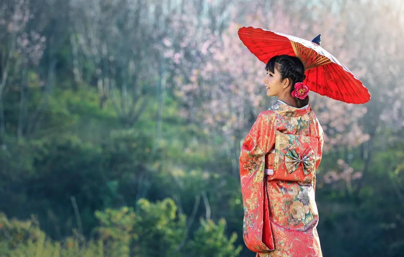Фото обои улыбка, зонтик, азиатка, umbrella, smile, asian, национальная одежда, national dress