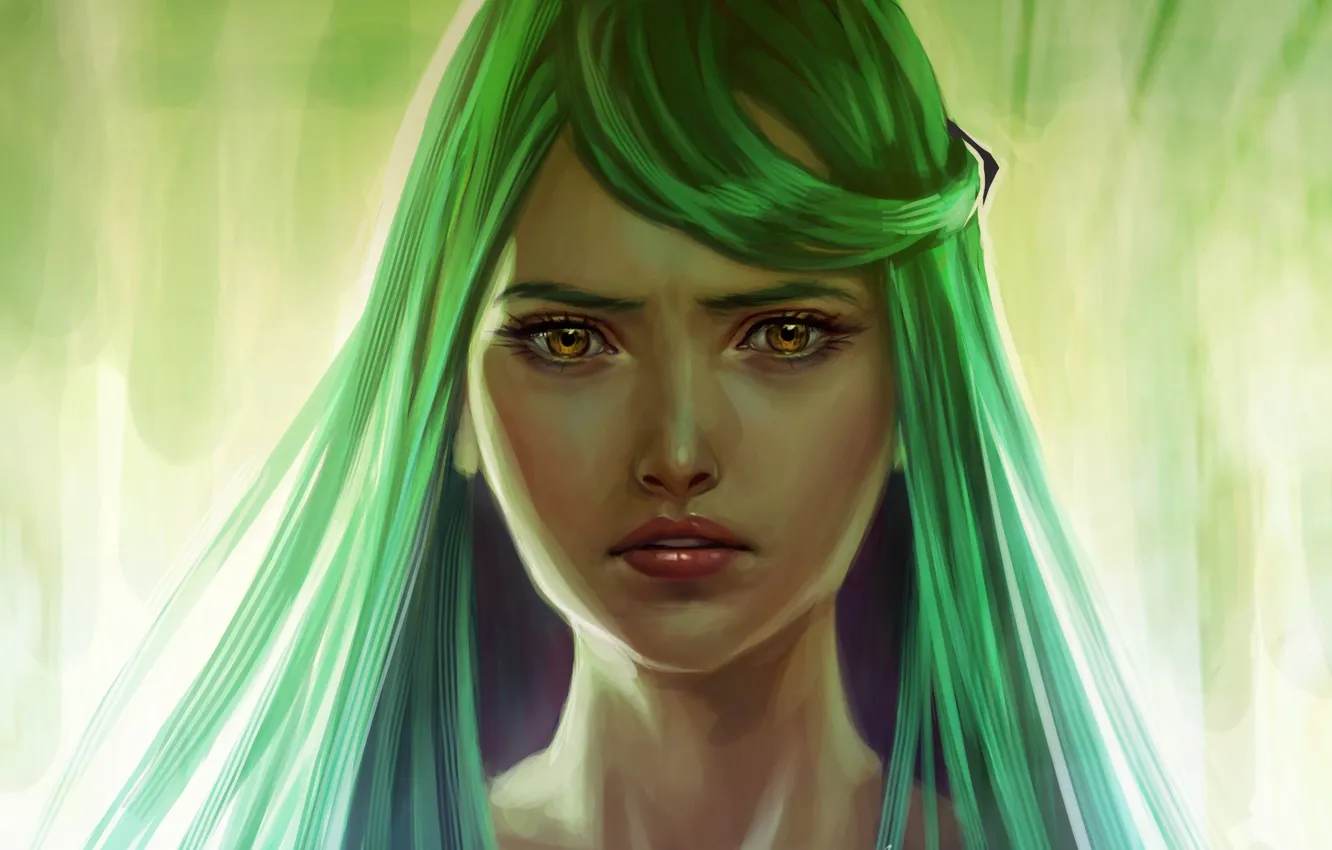 Фото обои взгляд, девушка, лицо, фон, арт, зеленые волосы